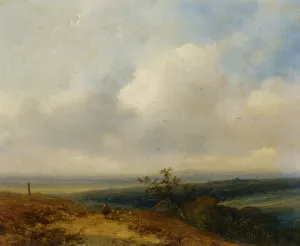 A Shepherd in an Extensive Landscape Oil painting by Johannes Franciscus Hoppenbrouwers