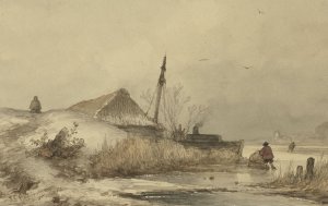 Winterlandschap met boerderij aan sloot by Johannes Franciscus Hoppenbrouwers Oil Painting