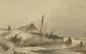 Winterlandschap met boerderij aan sloot by Johannes Franciscus Hoppenbrouwers Winterlandschap met boerderij aan sloot by Johannes Franciscus Hoppenbrouwers Oil Painting