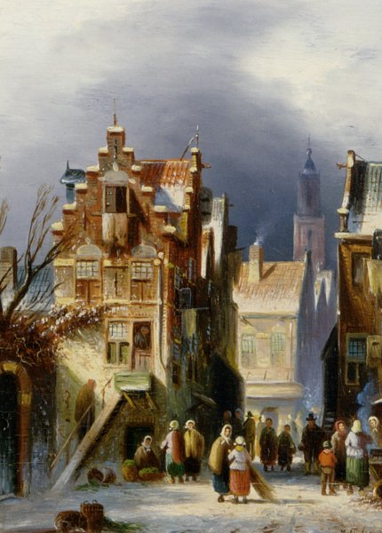 Main Product Photo of Figures in a Wintry Dutch Town Painting by Johannes Franciscus Spohler