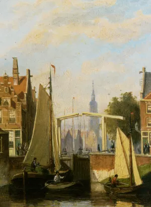 Boats on a Canal in a Dutch Town by Johannes Frederik Hulk Oil Painting
