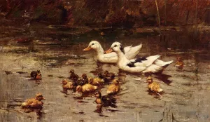 Ducks Having A Swim by Johannes Frederik Hulk Oil Painting
