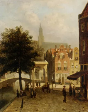 Villagers in the Streets of a Dutch Town by Johannes Frederik Hulk Oil Painting