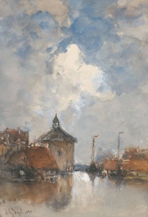 Havengezicht met schepen en een ronde toren by Johannes Gijsbert Vogel Oil Painting