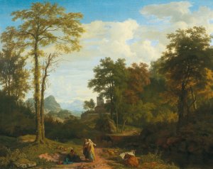 A southern landscape with travellers in front of a fortified town by Johannes Glauber Oil Painting