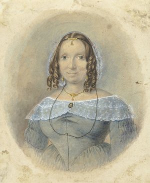 Vrouw in een blauwe japon met een kanten schouderkraag by Johannes Hari Oil Painting