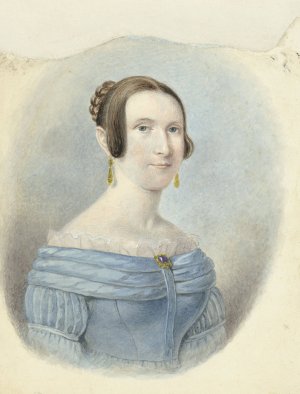 Vrouw in een blauwe japon, met gouden oorbellen by Johannes Hari Oil Painting