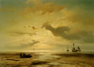 A Coastal Scene with Figures on the Beach by Johannes Hermanus Barend Koekkoek Oil Painting