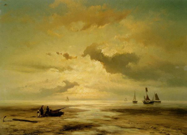 Main Product Photo of A Coastal Scene with Figures on the Beach Painting by Johannes Hermanus Barend Koekkoek