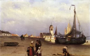 Fisher Folk and Beach Bomschuiten, near Katwijk by Johannes Hermanus Barend Koekkoek - Oil Painting Reproduction