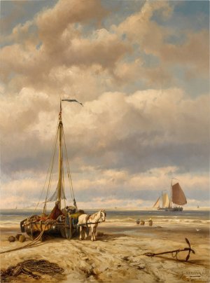 Unloading the Catch by Johannes Hermanus Barend Koekkoek Oil Painting