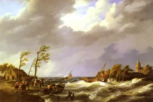 Dutch Fishing Vessel caught on a Lee Shore with Villagers and a Rescue Boat in the foreground by Johannes Hermanus Koekkoek Oil Painting