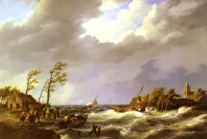 Dutch Fishing Vessel caught on a Lee Shore with Villagers and a Rescue Boat in the foreground Oil painting by Johannes Hermanus Koekkoek