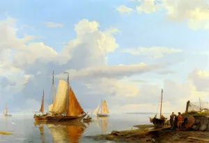 Figures Coming Ashore in a Calm by Johannes Hermanus Koekkoek Oil Painting