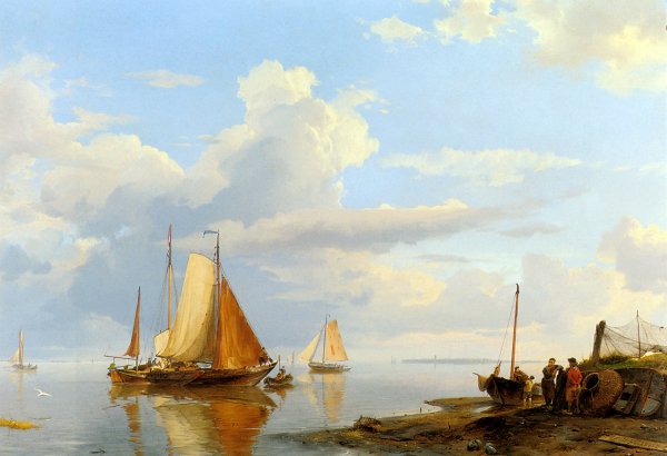 Main Product Photo of Figures Coming Ashore in a Calm Painting by Johannes Hermanus Koekkoek
