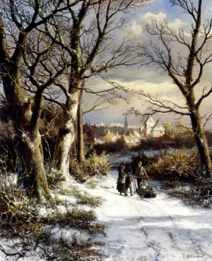 Figures On A Snowy Road painting by Johannes Hermanus Koekkoek