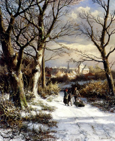Main Product Photo of Figures On A Snowy Road Painting by Johannes Hermanus Koekkoek