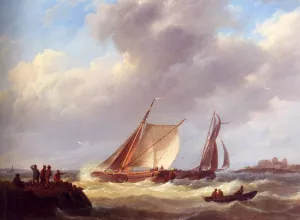 Fishermen On A Jetty Overlooking A River Estuary, A Castle Beyond by Johannes Hermanus Koekkoek - Oil Painting Reproduction