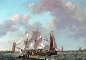 Ships in a Squall with Figures on the Shore by Johannes Hermanus Koekkoek Oil Painting