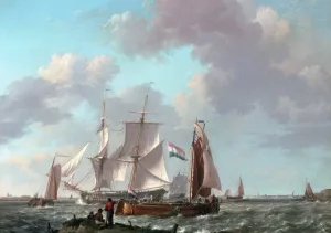 Ships in a Squall with Figures on the Shore by Johannes Hermanus Koekkoek Oil Painting