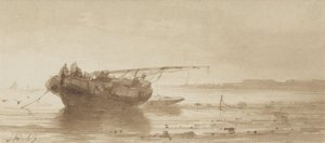 Schip met gestreken zeil op een rivier by Johannes Hilverdink Oil Painting