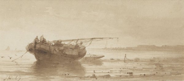Main Product Photo of Schip met gestreken zeil op een rivier  Painting by Johannes Hilverdink