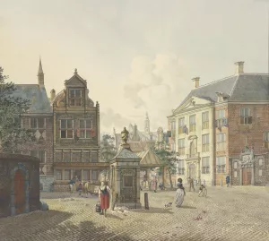Auf einem freien Platz ein Brunnenhaus, dabei eine Magd in rotem Rock und mit einem Eimer Oil painting by Johannes Huibert Prins