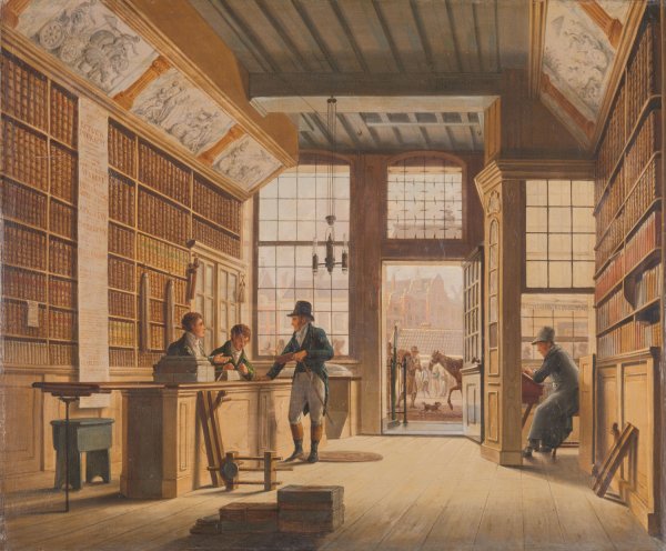 The Shop of the Bookdealer Pieter Meijer Warnars on the Vijgendam in Amsterdam  by Johannes Jelgerhuis - Hand-Painted Oil Painting Reproduction
