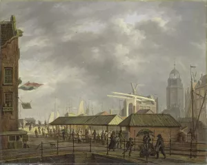 The small Fish Market on the Corner of the Brouwersgracht and Singel, Amsterdam by Johannes Jelgerhuis Oil Painting
