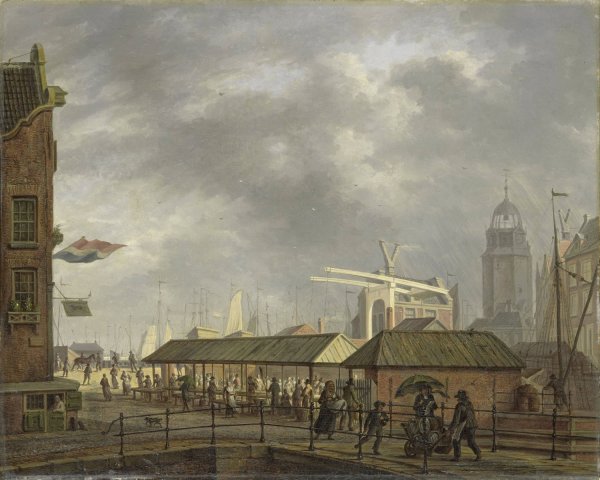 The small Fish Market on the Corner of the Brouwersgracht and Singel, Amsterdam  by Johannes Jelgerhuis - Hand-Painted Oil Painting Reproduction