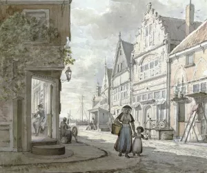 Vrouw en een kind lopen op straat in een vissersdorp Oil painting by Johannes Jelgerhuis