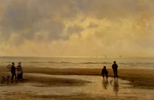 Figures on the Beach by Johannes Joseph Destree Oil Painting