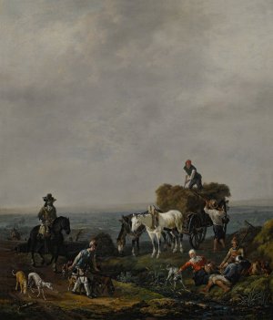 Falconers on a path with harvesters loading hay onto a wagon nearby, a valley beyond, at dusk by Johannes Lingelbach Oil Painting