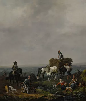 Falconers on a path with harvesters loading hay onto a wagon nearby, a valley beyond, at dusk by Johannes Lingelbach Oil Painting