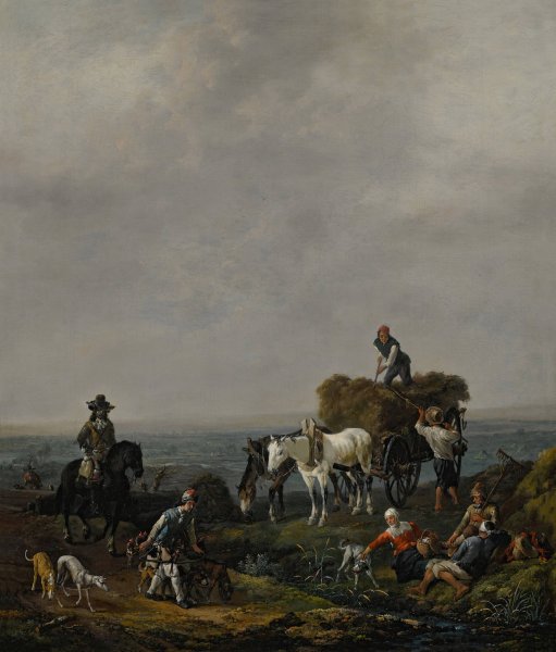 Falconers on a path with harvesters loading hay onto a wagon nearby, a valley beyond, at dusk  by Johannes Lingelbach - Hand-Painted Oil Painting Reproduction