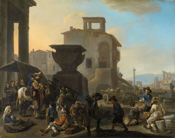 Italian Marketplace with a Quack Dentist  by Johannes Lingelbach - Hand-Painted Oil Painting Reproduction