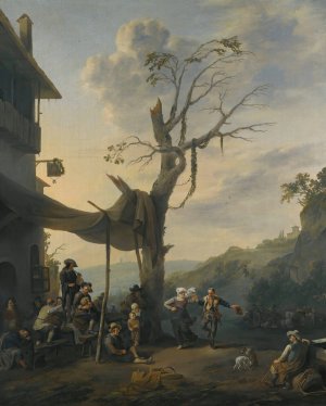 Peasants Dancing The Tarantella Outside An Inn In A Hilly Italianate Landscape by Johannes Lingelbach Oil Painting
