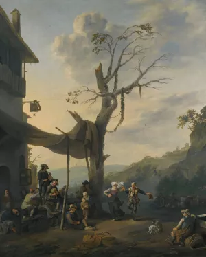 Peasants Dancing The Tarantella Outside An Inn In A Hilly Italianate Landscape by Johannes Lingelbach Oil Painting