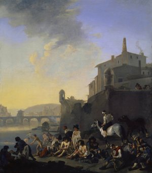 River with Bathing Gypsies near an Italian Town by Johannes Lingelbach Oil Painting