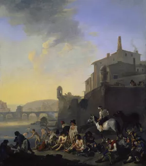 River with Bathing Gypsies near an Italian Town by Johannes Lingelbach Oil Painting