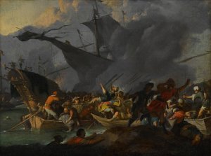 The Battle of Lepanto, 1571, with crowded boats and men struggling to shore in the foreground by Johannes Lingelbach Oil Painting