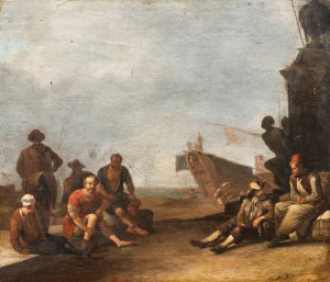 View on a Sourthern harbor with merchants and prisoners, a ship and the statue of Ferdinand I de'Medici in Livorno by Johannes Lingelbach Oil Painting