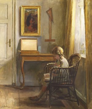 Interior med laesende pige ved vindue by Johannes Ottesen Oil Painting