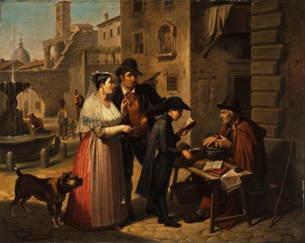 A Second-Hand Bookseller In A Roman Street by Johannes Riepenhausen - Hand-Painted Oil Painting Reproduction
