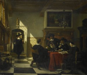 Gezelschap in 17e-eeuwse dracht bij een tafel waarop een Nautilusbeker by Johannes Stroebel Oil Painting