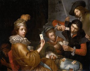 The Card Game on the Cradle by Johannes Van Wijckersloot Oil Painting