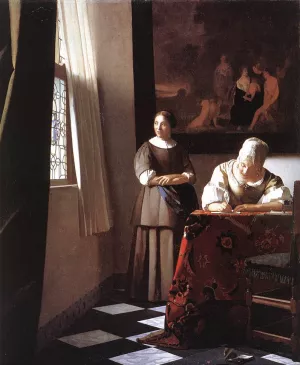 Lady Writing a Letter with Her Maid Oil painting by Johannes Vermeer