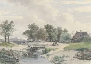Landschap met bruggetje en figuren voor een boerderij by Johannes Warnardus Bilders Oil Painting