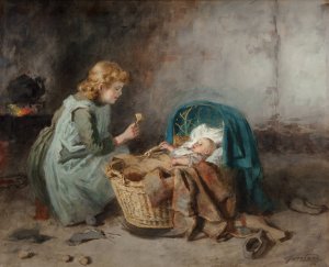 Playing with the baby by Johannes Weiland Oil Painting