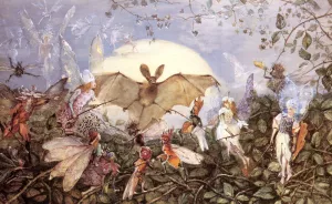 Fairy Hordes Attacking A Bat by John Anster Christia Fitzgerald Oil Painting